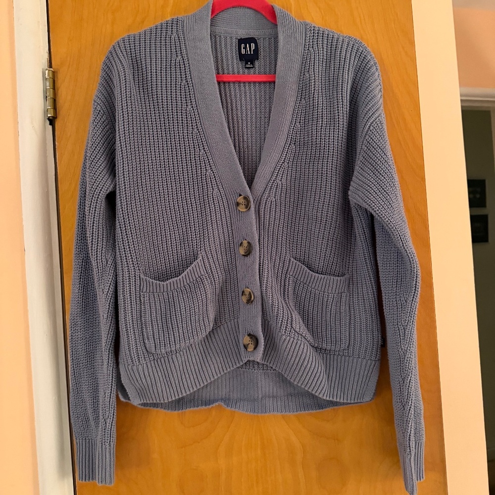 Gap Blue Knit Button Up Sweater with Pockets, Size M